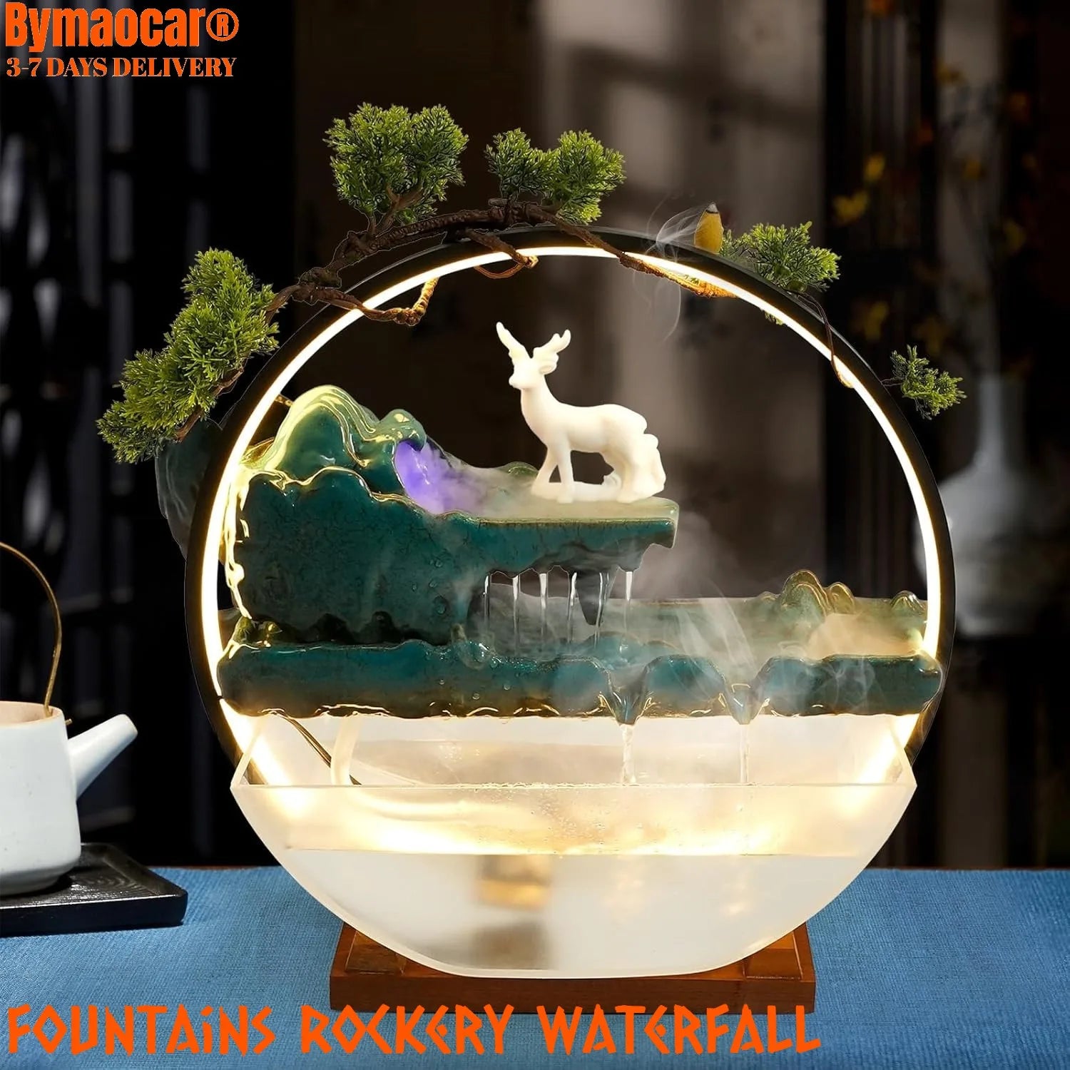 Tabletop Water Fountain with LED Lights & Atomizer - Mini Indoor Waterfall Decor with Fish Bowl - for Meditation Room