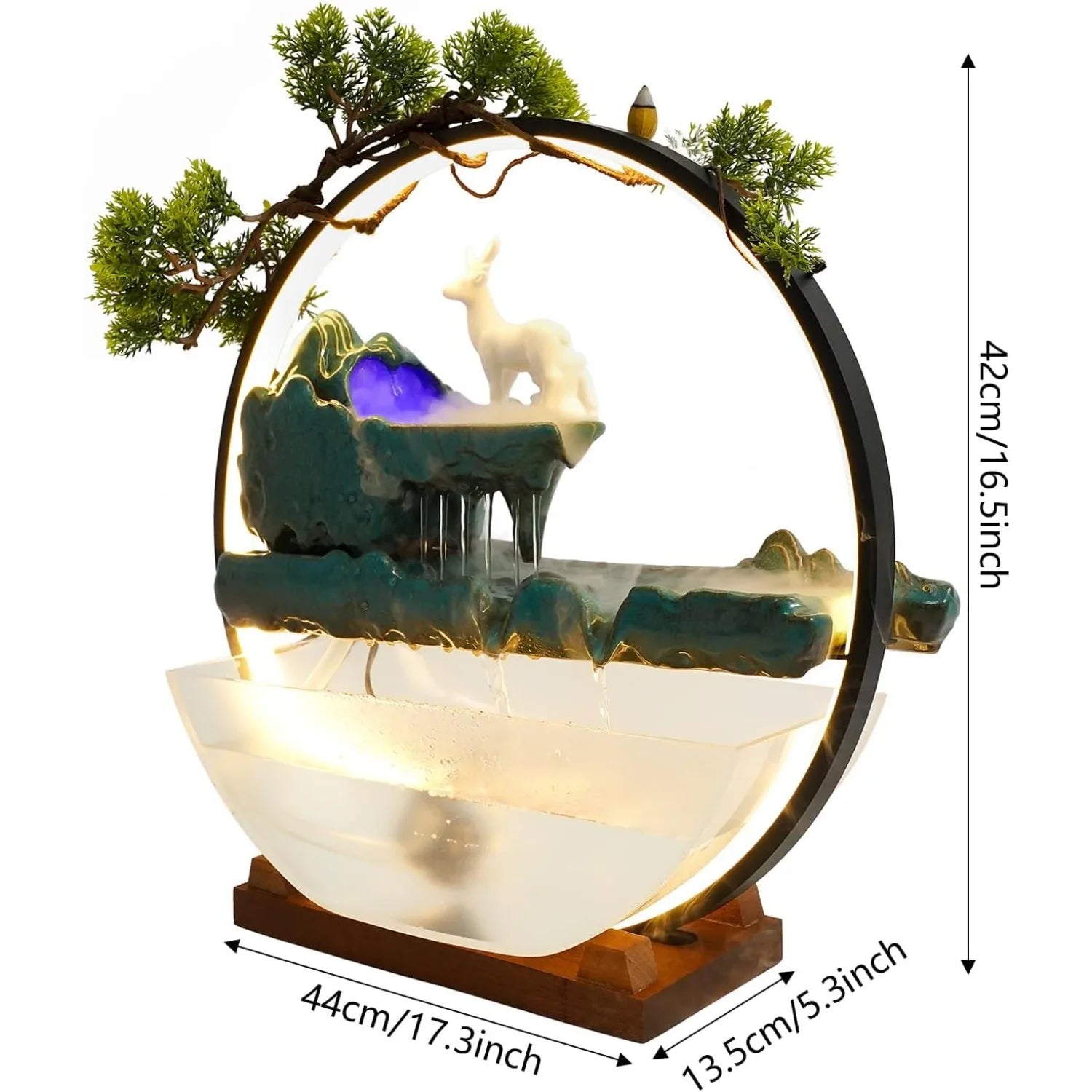 Tabletop Water Fountain with LED Lights & Atomizer - Mini Indoor Waterfall Decor with Fish Bowl - for Meditation Room