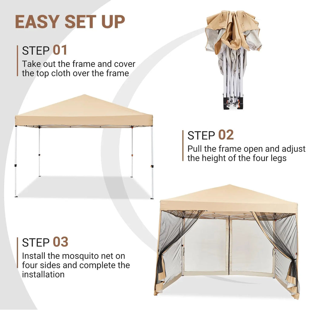 10x10ft Pop Up Canopy With Mesh Sidewall, Foldable Waterproof Gazebo Tent For Camping Patio Outdoor Parties