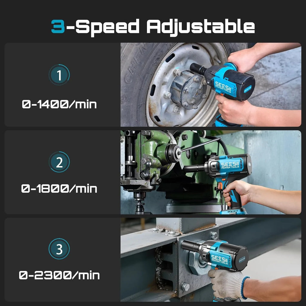 Seesii 1200Nm Electric Impact Wrench 1/2" Cordless with Detachable Side Handle 21V High Torque Impact Driver Gun 2x4.0Ah Battery