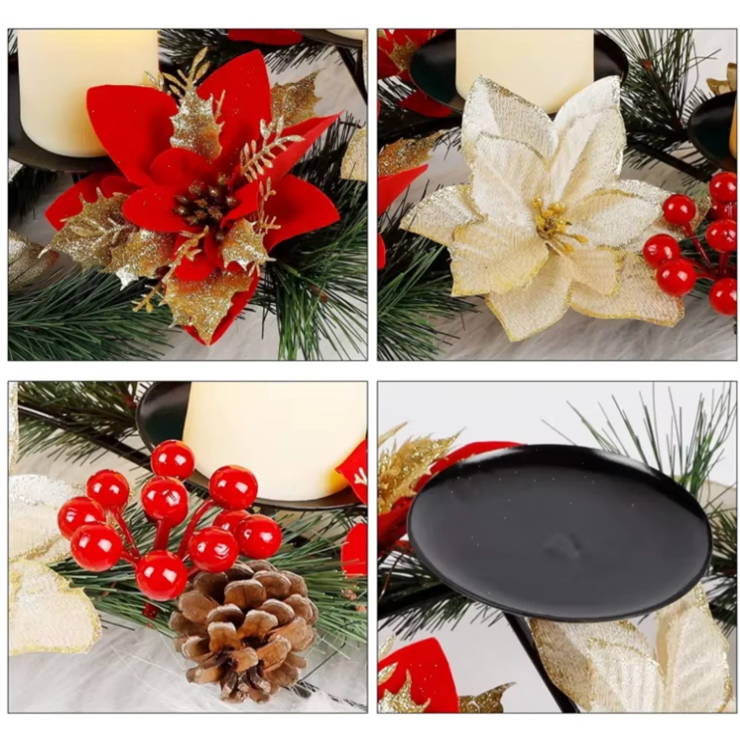 Christmas Decor Cones Red Berry Table Centerpieces with 3 Candle Holders