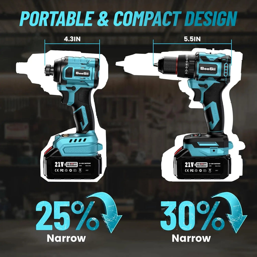 SEESII 21V Max Cordless Electric Drill and Impact Driver Screwdriver Tool 3/8'' Drill & 1/4'' Impact Driver 2x 4.0Ah Battery