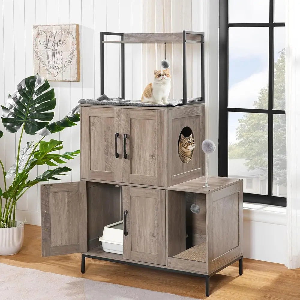 Cat Litter Box Enclosure urniture, 2 in 1 Hidden Litter Box urniture with Shel, Double Litter Box Cabinet with 2 Dangling Plush