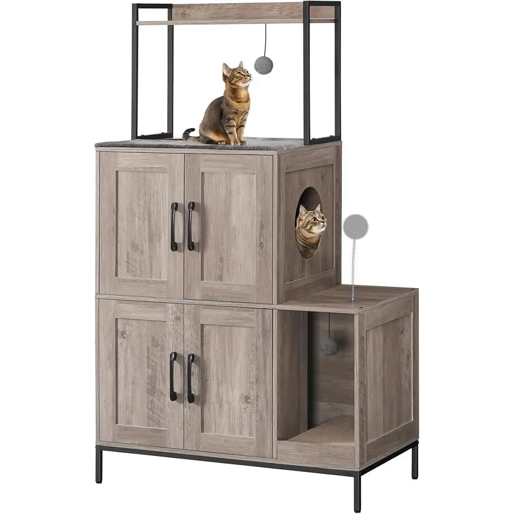 Cat Litter Box Enclosure urniture, 2 in 1 Hidden Litter Box urniture with Shel, Double Litter Box Cabinet with 2 Dangling Plush