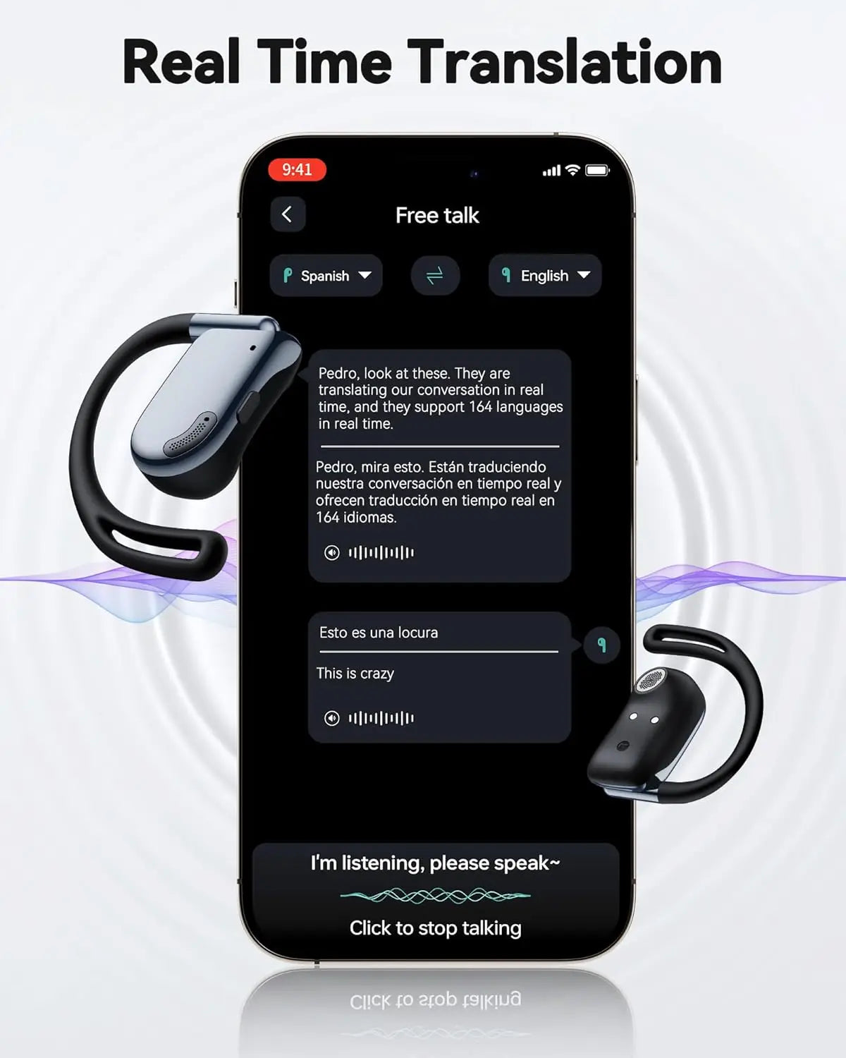 AI Translation Earbuds Real Time 164 Languages Translator 90H Playtime Bluetooth LED Display for Travel Business Learning Black