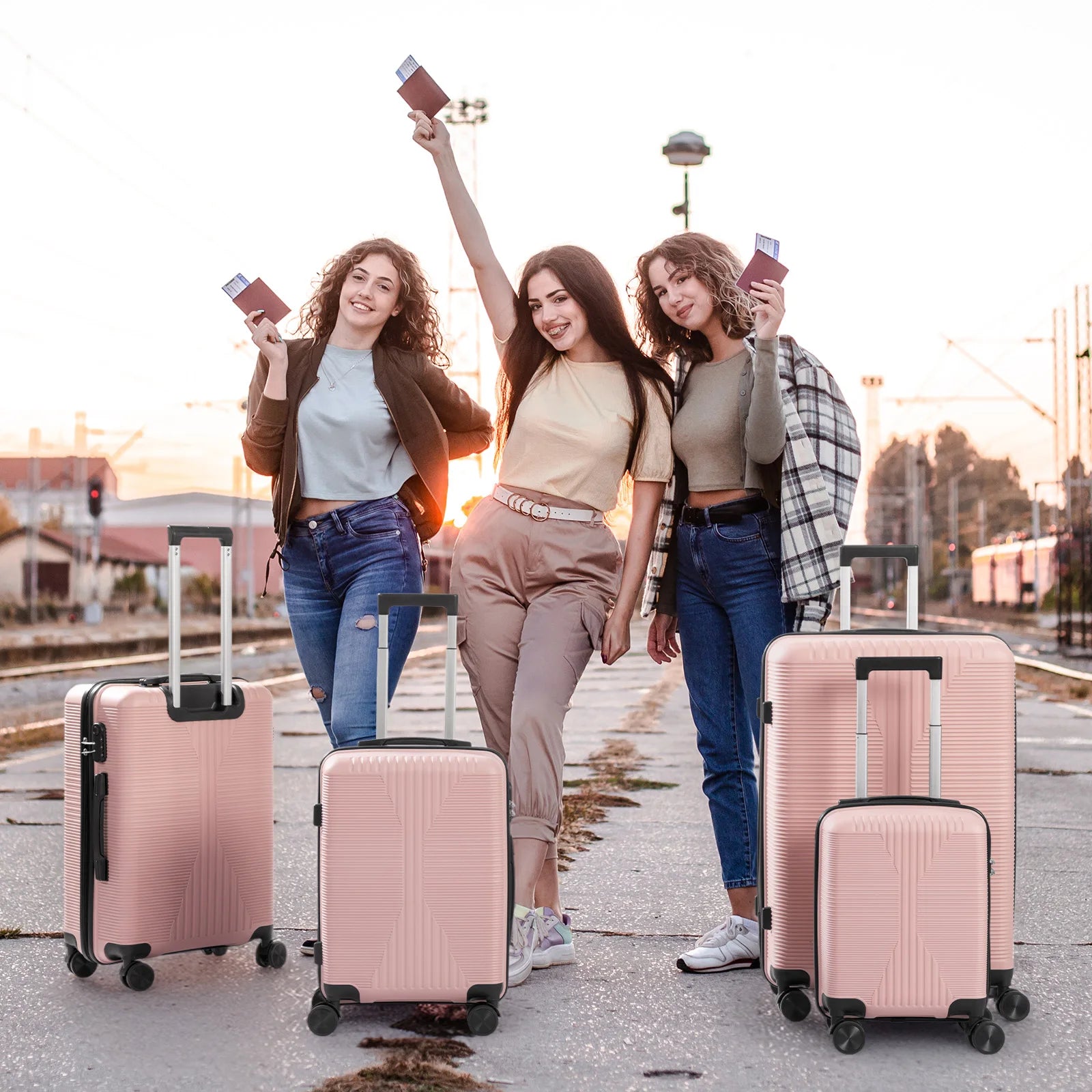 16in, 20in, 24in, and 28in spinner suitcase sets. PP material, aluminum alloy pull rods, stylish colors, sporty luggage set.