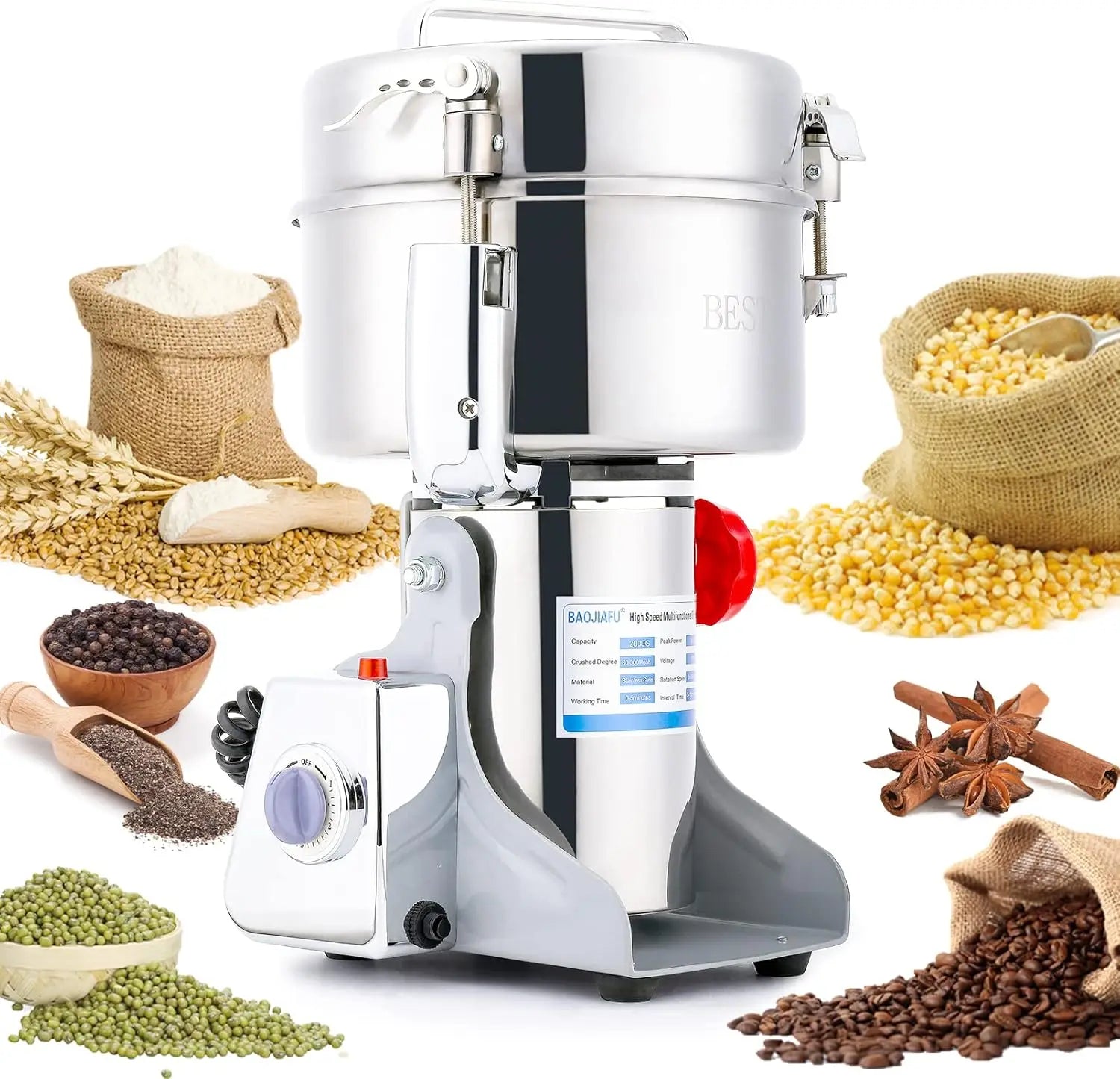 Electric Grain Mill Grinder 2000g High-speed 3500W Stainless Steel Superfine Powder for Kitchen Home Commercial