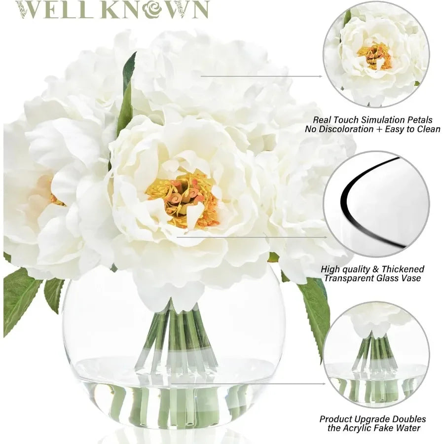 Artificial Flowers in Vase Peonies Artificial Flowers for vase with Faux Water for Coffee Table Decor Silk Fake Flower Arrangem