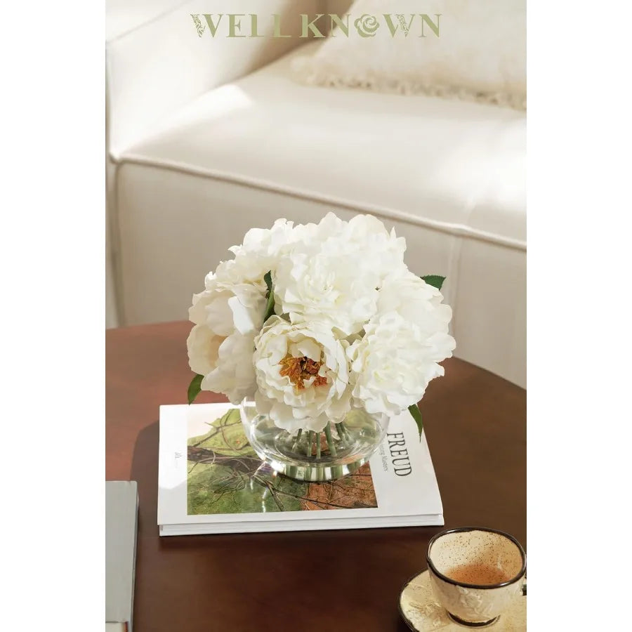 Artificial Flowers in Vase Peonies Artificial Flowers for vase with Faux Water for Coffee Table Decor Silk Fake Flower Arrangem