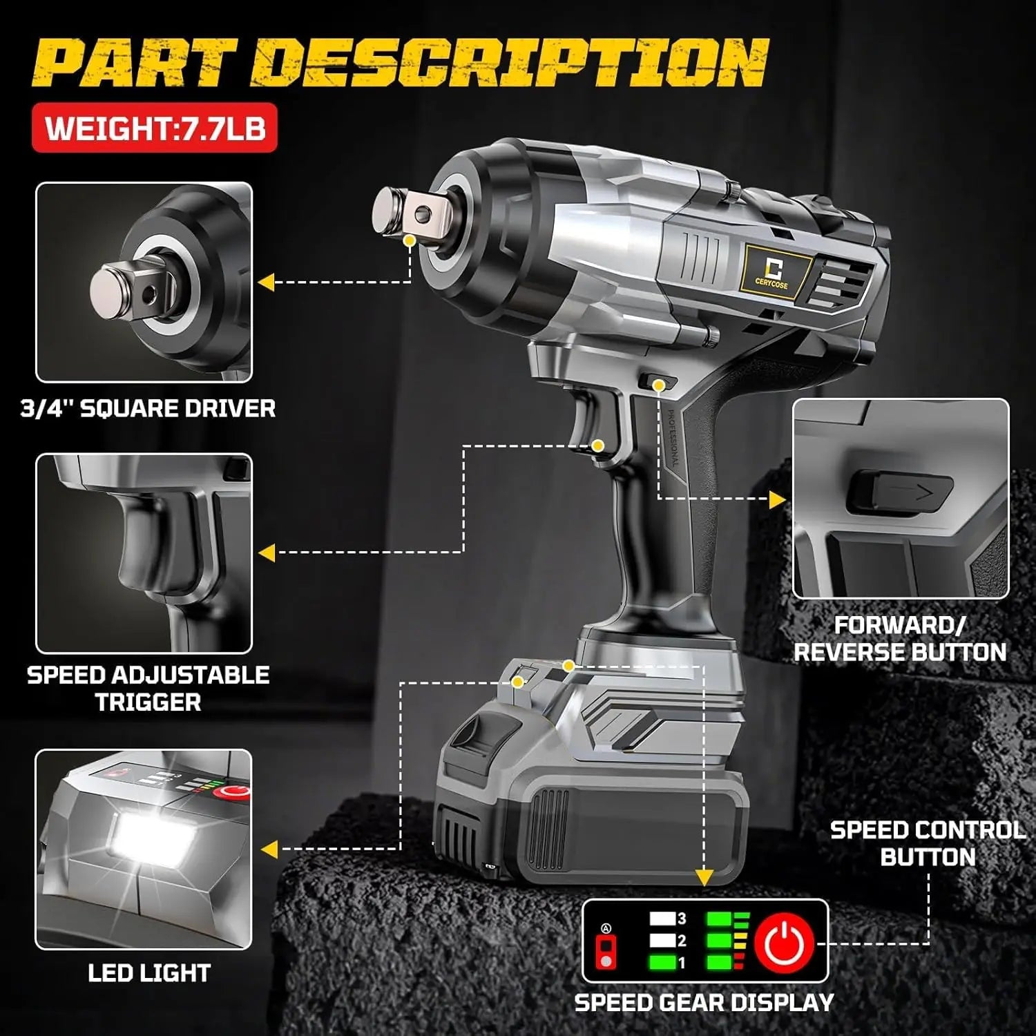 3/4 Inch Cordless Impact Wrench 1850ft-lbs Brushless Motor High Torque Heavy Duty Automotive Tool