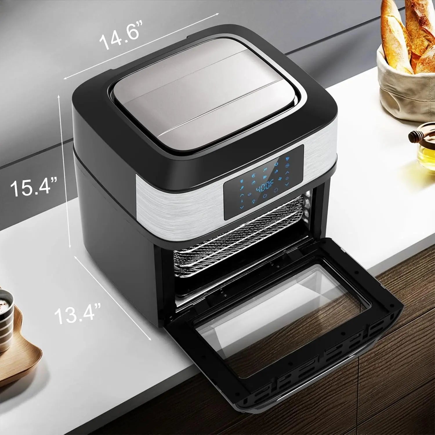 Large 20 QT Air Fryer Oven Combo with Window, 10-in-1 Toaster Oven with Rotisserie and Dehydrating Racks for Family Cooking