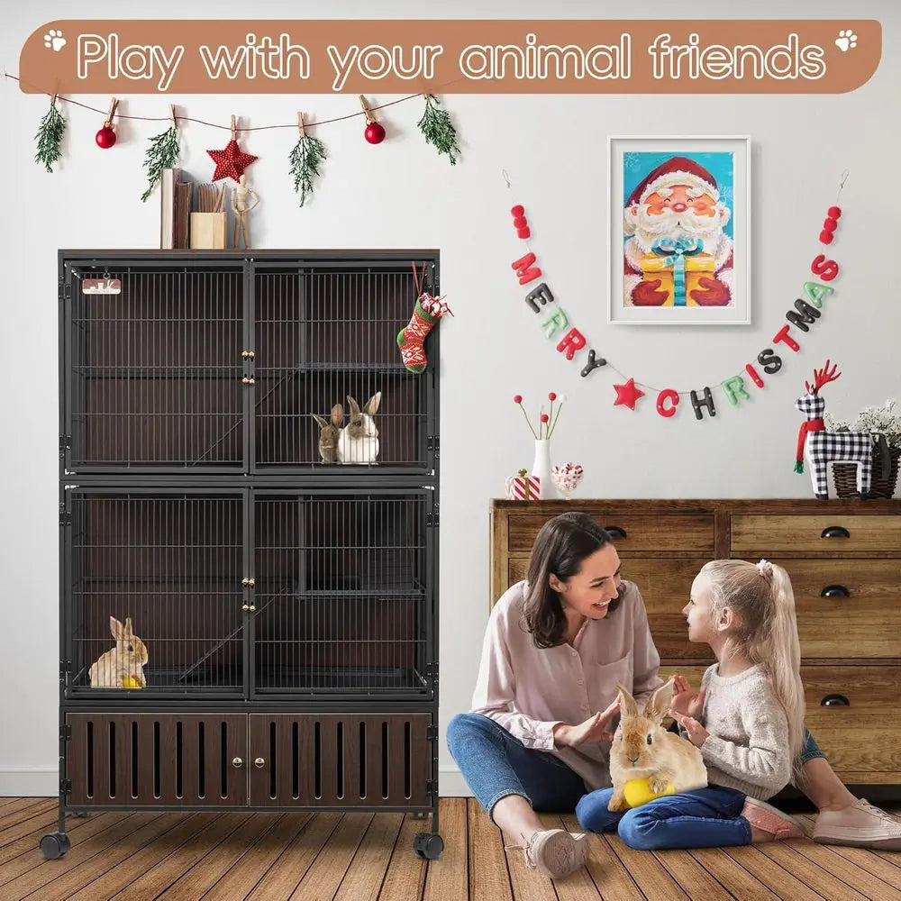 Large 60H Metal Chinchilla Cage with Removable Pan & Double Doors, Indoor Wooden Pet Crate for Small Animals