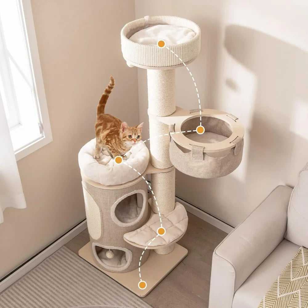 Cat Tree Tower, 61 Inch Multi-Level Tall with 2-Story Cat Condo, Top Perch, Sisal Scratching Posts & Carpet
