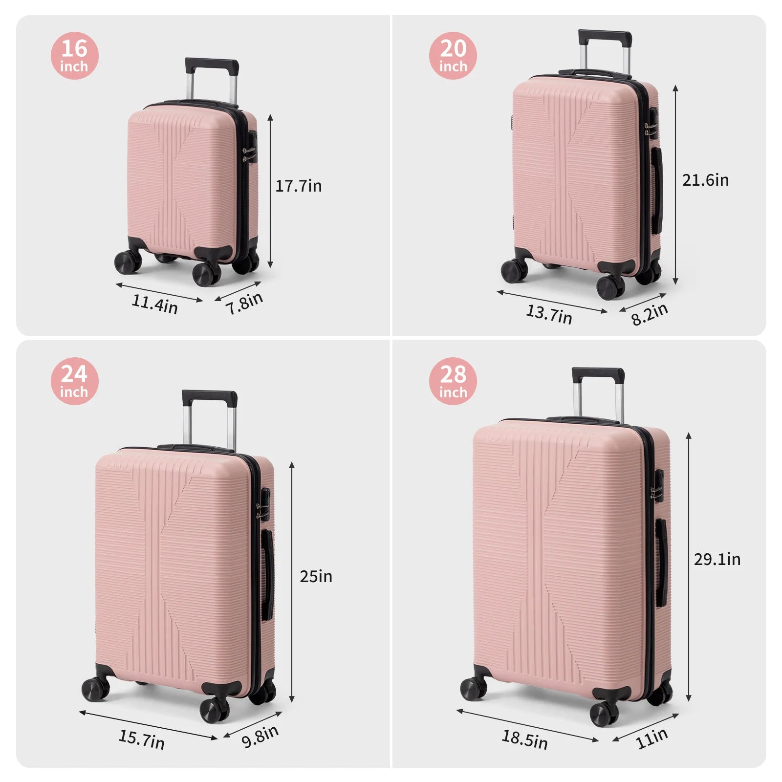 16in, 20in, 24in, and 28in spinner suitcase sets. PP material, aluminum alloy pull rods, stylish colors, sporty luggage set.
