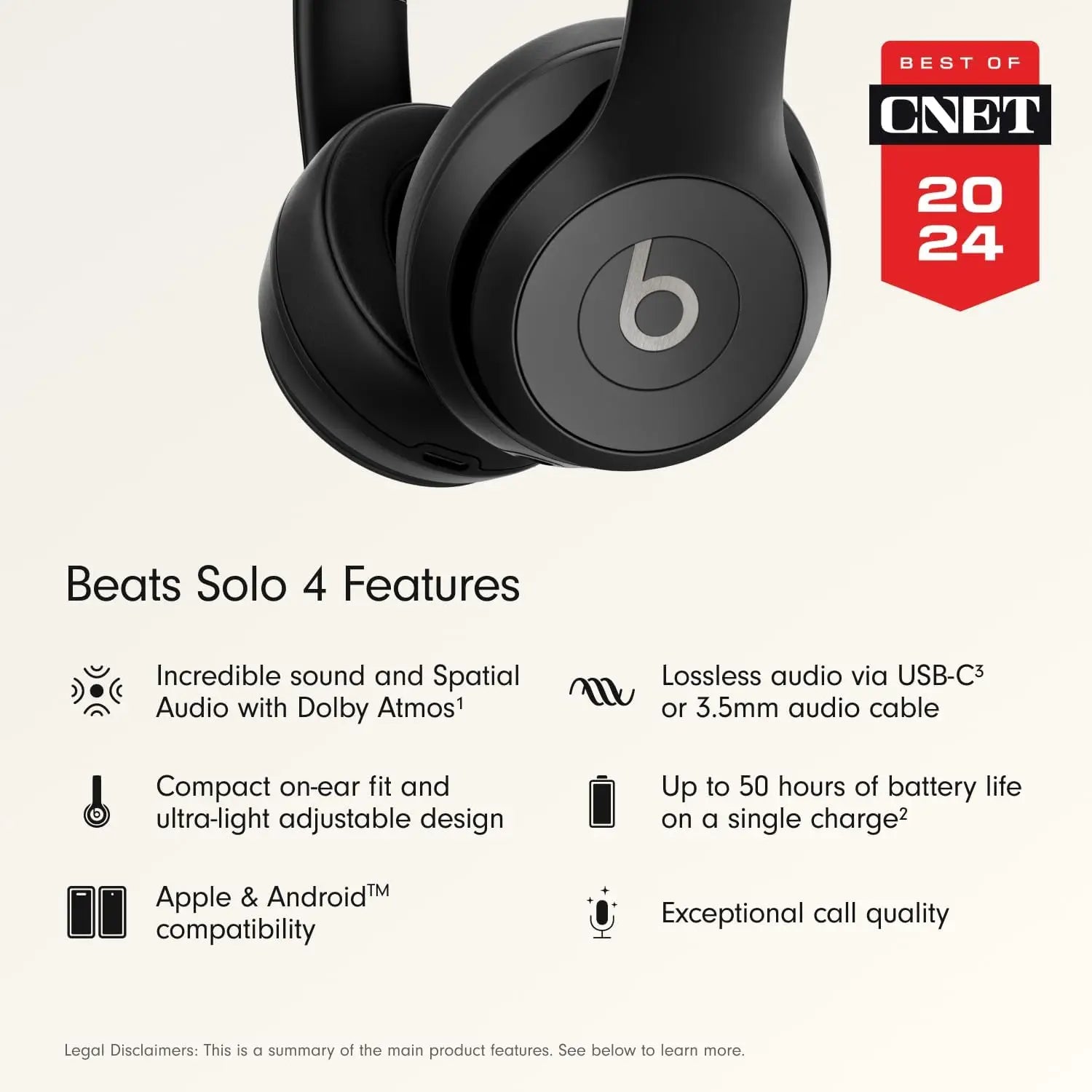 Wireless On-Ear Headphones with 50-Hour Battery, Lightweight Comfort, Balanced Sound for Apple & Android - Matte Black
