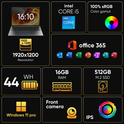 16" Laptop Computer Intel Core i5 Processor Win11 Pro Laptop 16GB RAM 512GB SSD 1920 x 1200 16:10 Display  with Backlit Keyboard