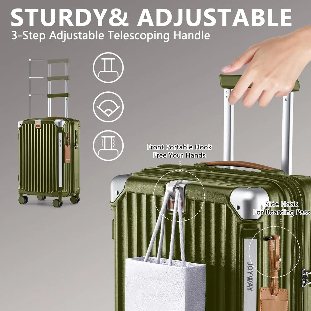 20in Expandable Carry-On Luggage with USB Port & Cup Holder, Anti-Slip Wheels, 3-Piece Set in Dark Green for Men and Women