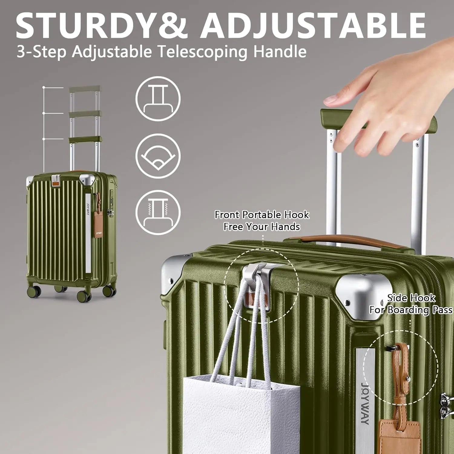20in Expandable Carry-On Luggage with USB Port & Cup Holder, Anti-Slip Wheels, 3-Piece Set in Dark Green for Men and Women
