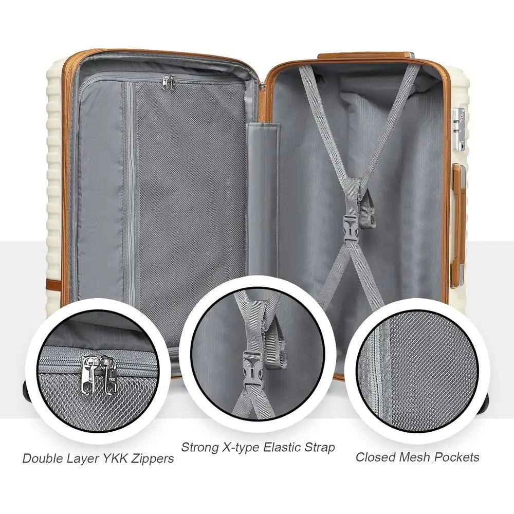 20 Inch Expandable Suitcase with Spinner Wheels, 4-Piece Hard Shell Luggage Set, TSA Lock (White/Brown)