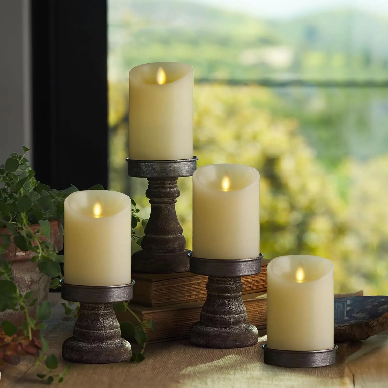 Flameless LED Flickering Pillar Candles, Ivory Pack of 4, Realistic Moving Flame Wax Decor for Indoor/Outdoor Use