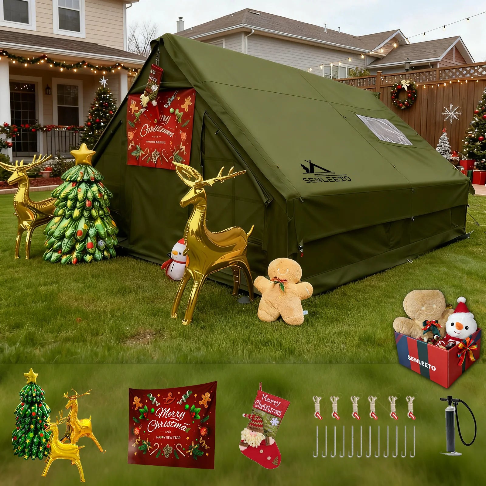 13'x10' Large Inflatable Tent for Camping 8-10 Person, 4 Season Luxury Air Tent with Stove Jack for Outdoor Christmas Camping