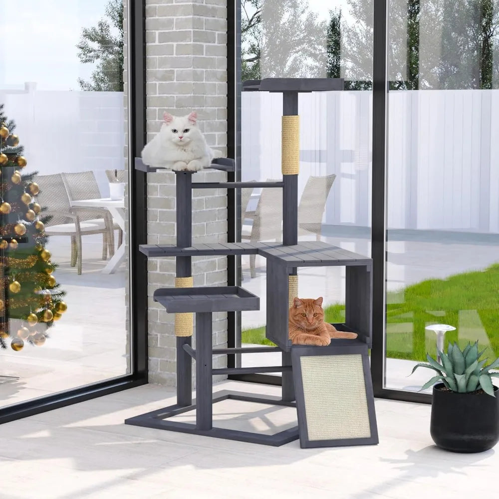 Durable Outdoor Cat Tree for Large Cats with Weather-Resistant Wood, Condo, and Scratching Posts