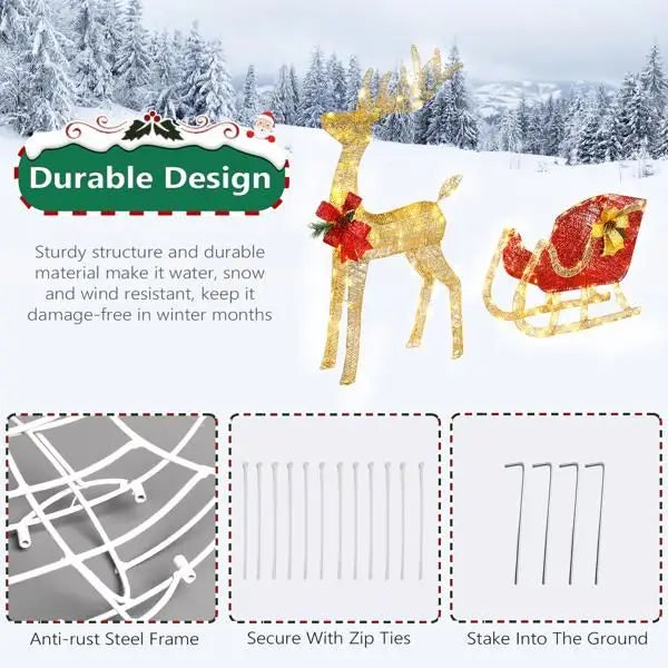 Golden Elk Deer Sled Christmas Decoration - Iron Frame Cotton Thread Yard Ornament with Green Onion Powder Accents (74x20x120cm,
