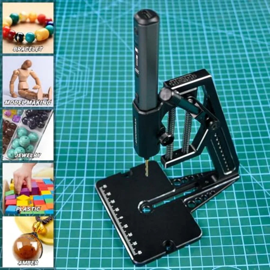5-Speed Mini Electric Drill Pen with Benchtop Drill Press and AM ARROWMAX Precision Double-Ended Mini Bench Vise