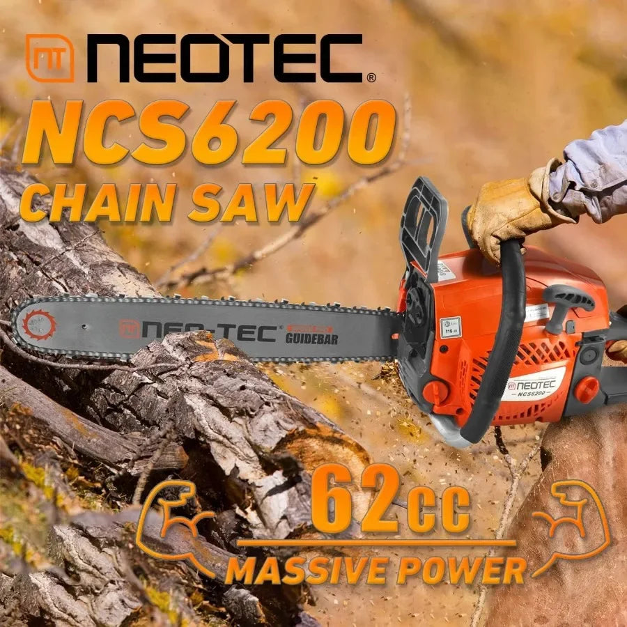 NEOTEC 20 Inch Chainsaw 62CC Power Chain Saws Gas Powered 2 Stroke Handed Petrol Gasoline Chain Saw for Cutting Wood Outdoor Ga