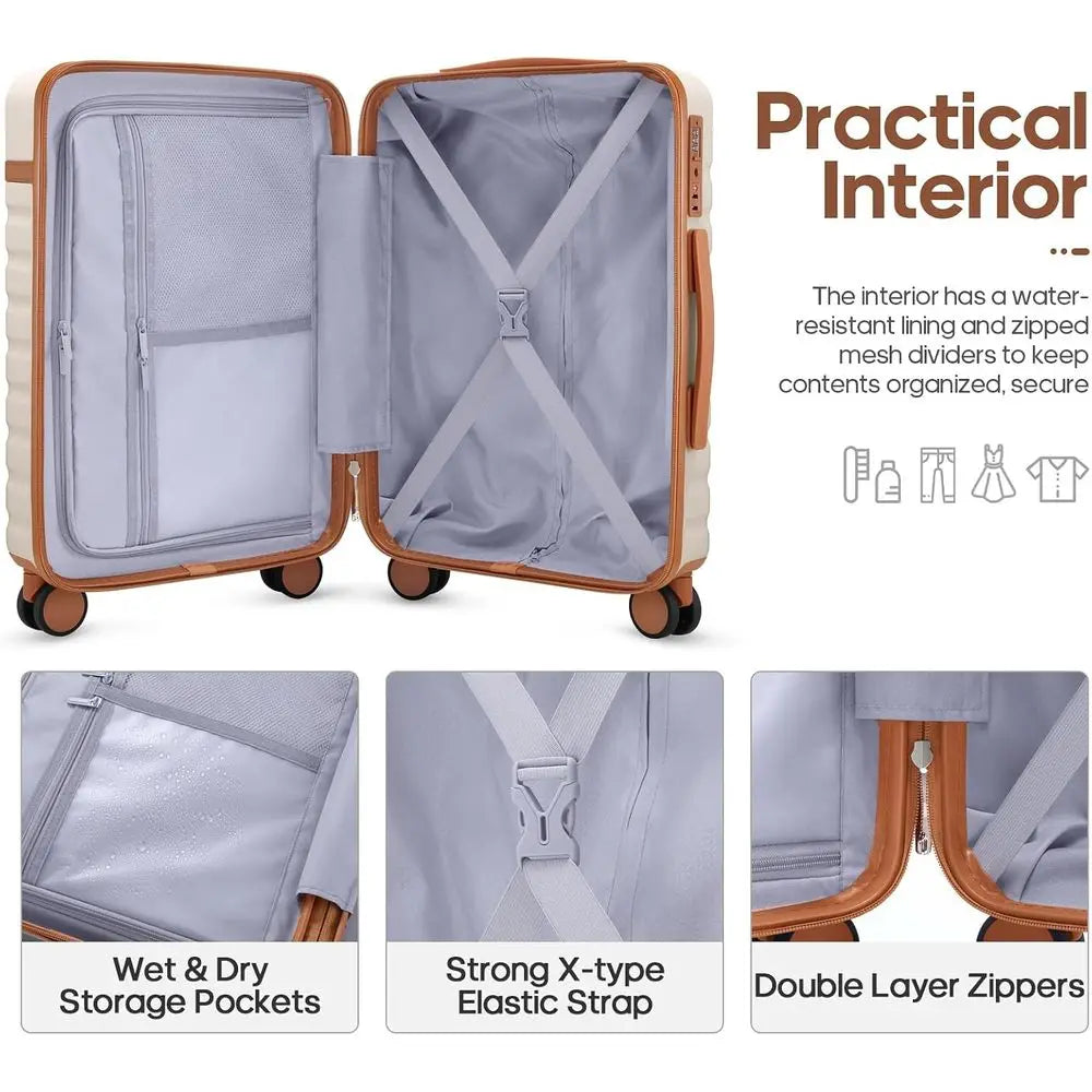 3-Piece Luggage Set: 20 Spinner Carry-On with TSA Lock, Durable Hardshell Suitcase & Travel Backpack (Beige)