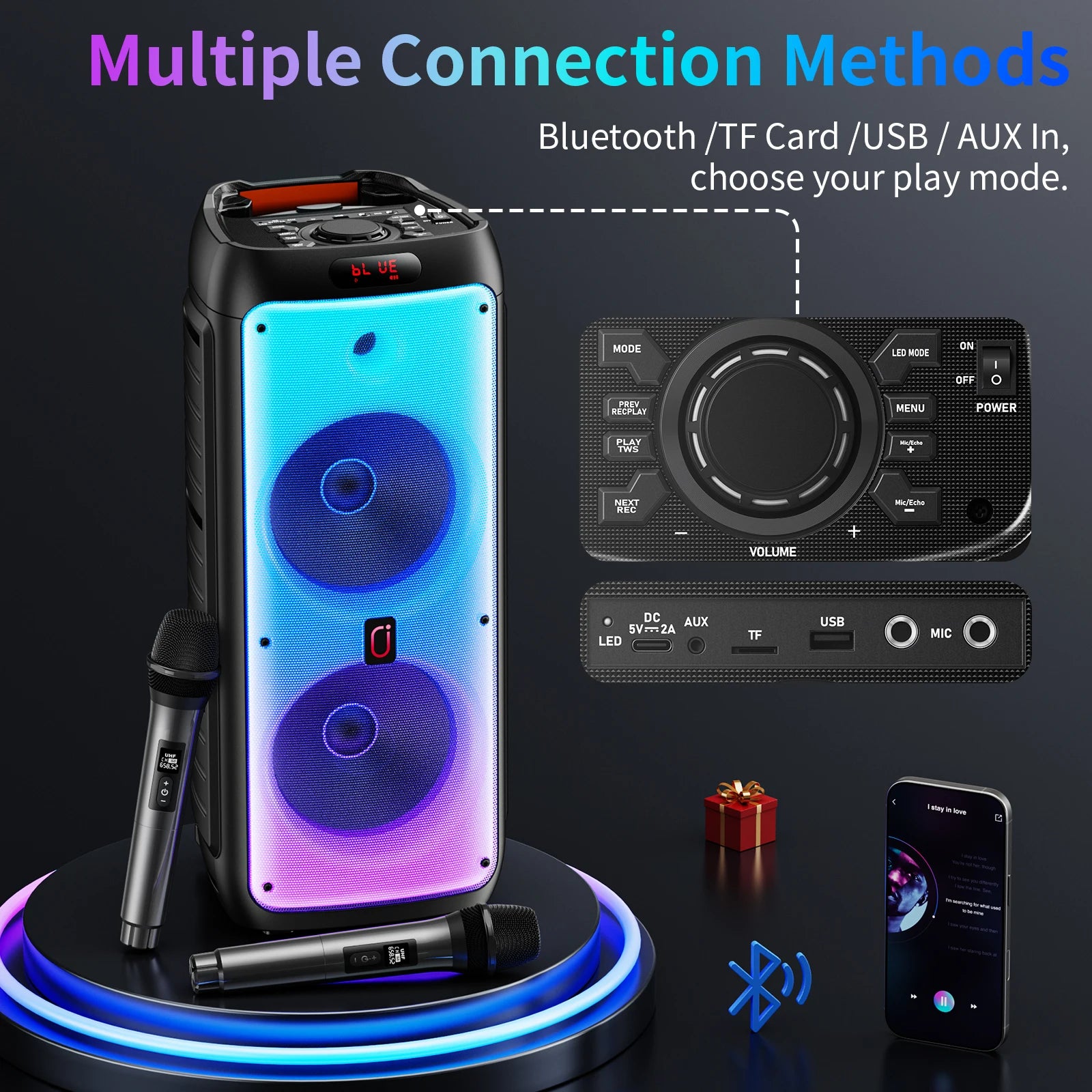 T38 Large Bluetooth Speaker, Wireless Speaker with Wheels and Push Rod, Karaoke Machine with Two Microphones With Tws