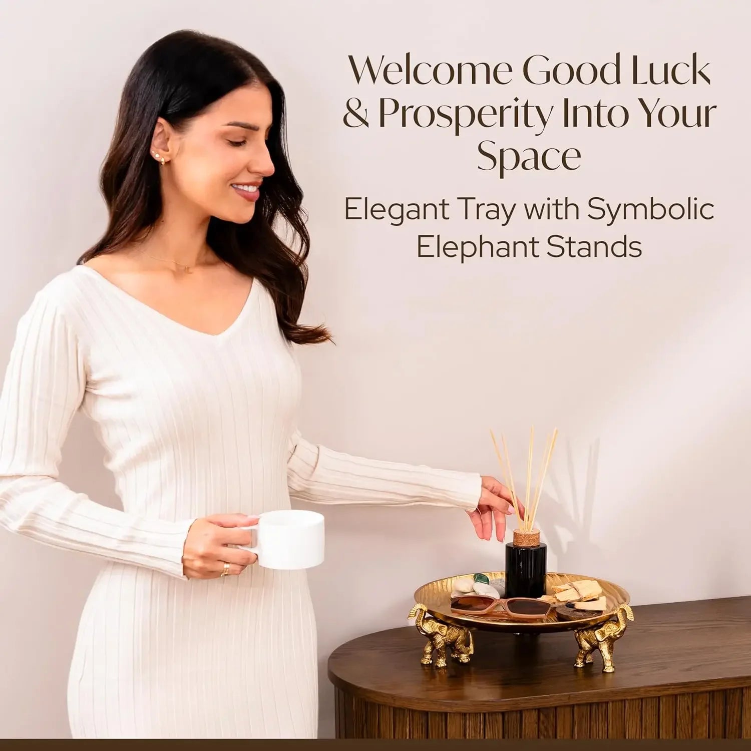 Round Decorative Tray with Elephant Stands, Golden – Tray for Coffee Table, Home Decor, Centerpiece, Serving Platter & More – Ci