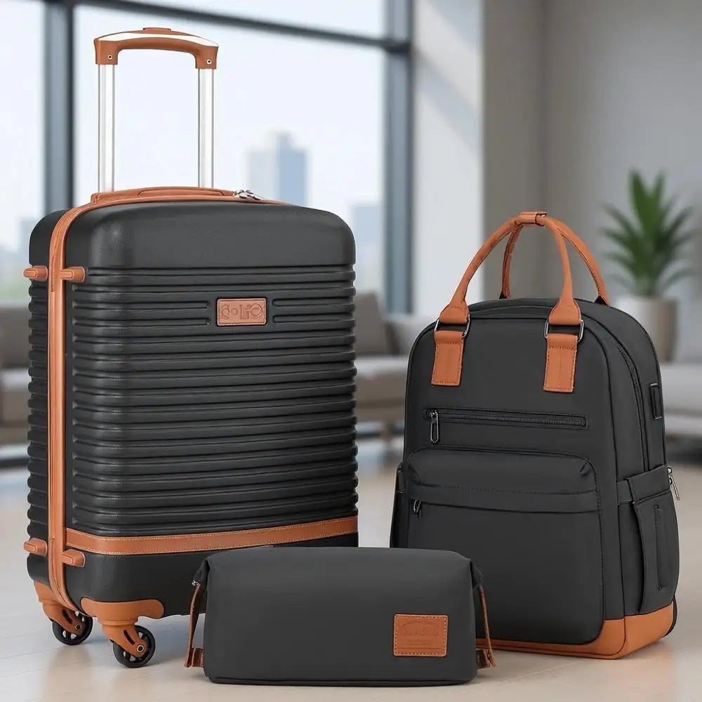 3-Piece Hardshell Spinner Luggage Set with TSA Lock for Travel (Black, BP/TB/20)
