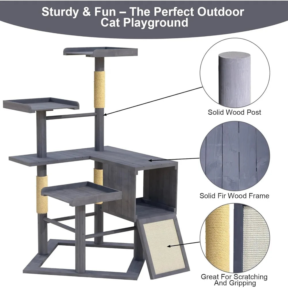 Durable Outdoor Cat Tree for Large Cats with Weather-Resistant Wood, Condo, and Scratching Posts