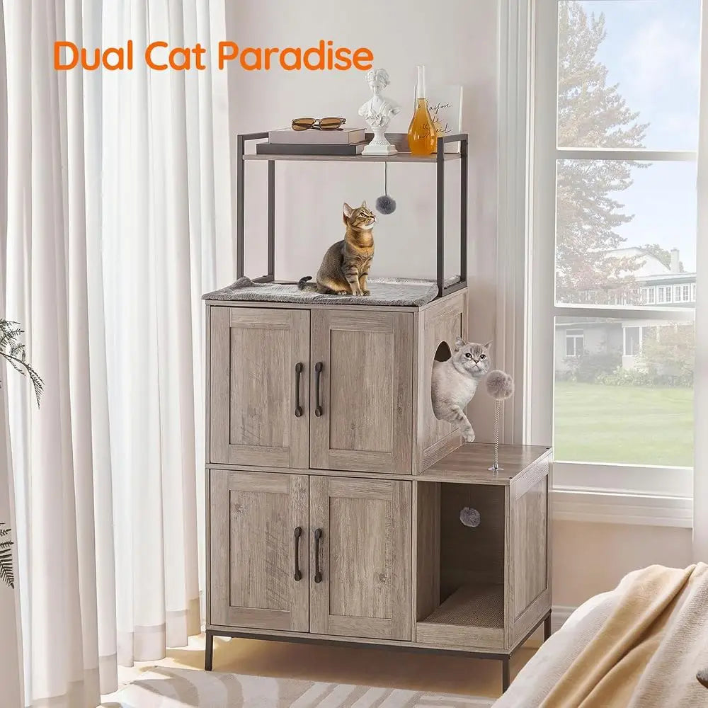 Cat Litter Box Enclosure urniture, 2 in 1 Hidden Litter Box urniture with Shel, Double Litter Box Cabinet with 2 Dangling Plush