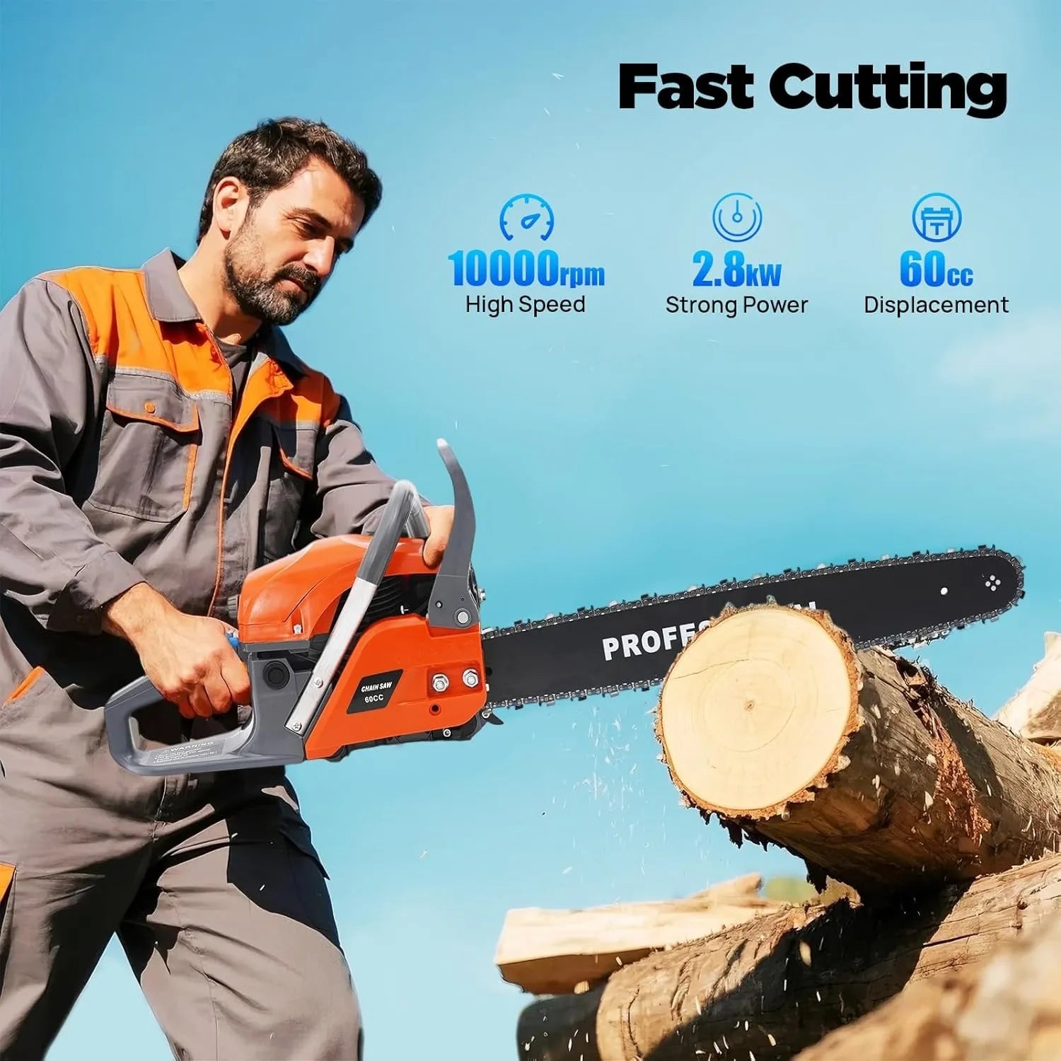 60cc Gas  Powered Chainsaws, 22 Inch Bar Power Chain Saws, 2-Stroke Handed Petrol Gasoline Chain Saw for Cutting Wood Garden