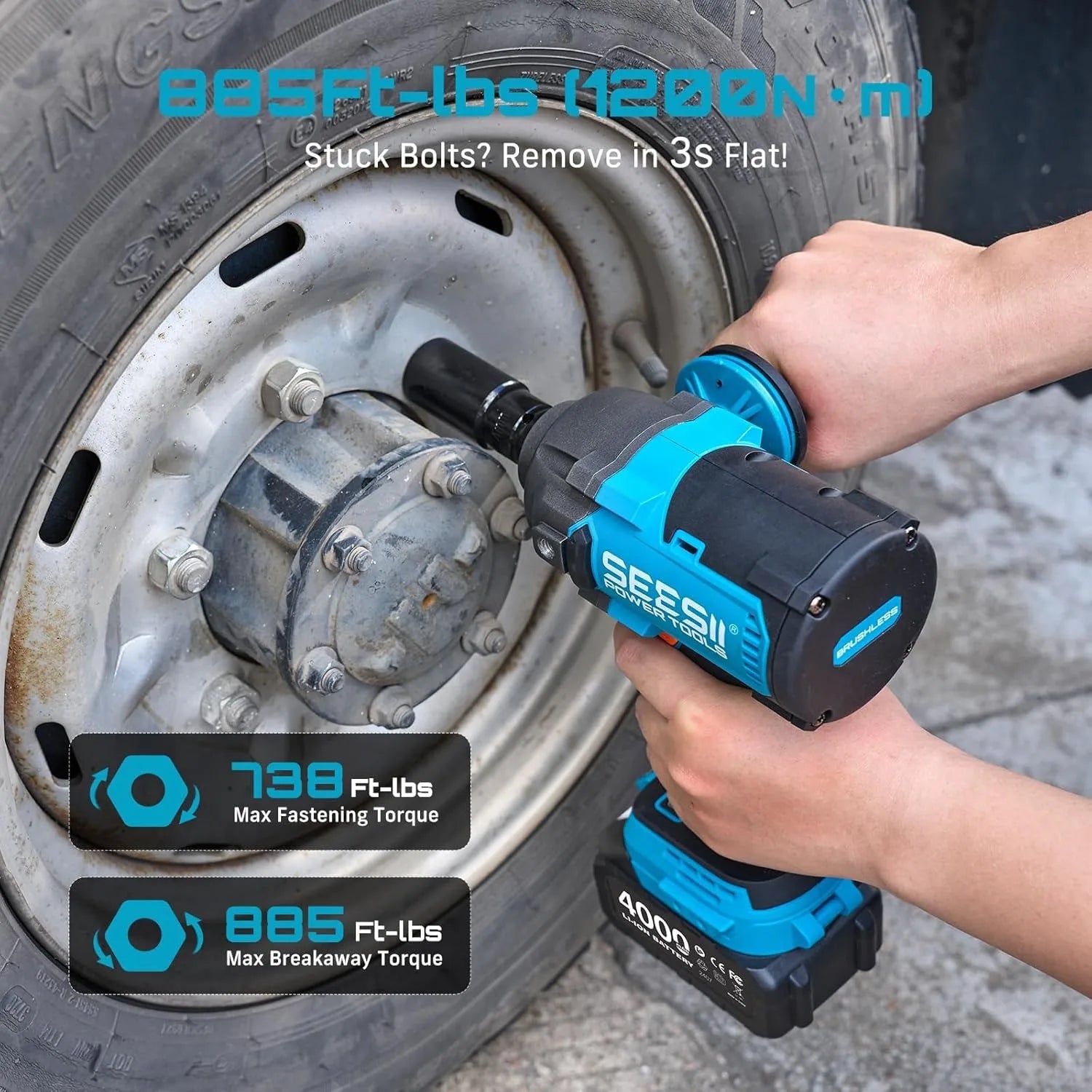 Seesii 1200Nm Electric Impact Wrench 1/2" Cordless with Detachable Side Handle 21V High Torque Impact Driver Gun 2x4.0Ah Battery