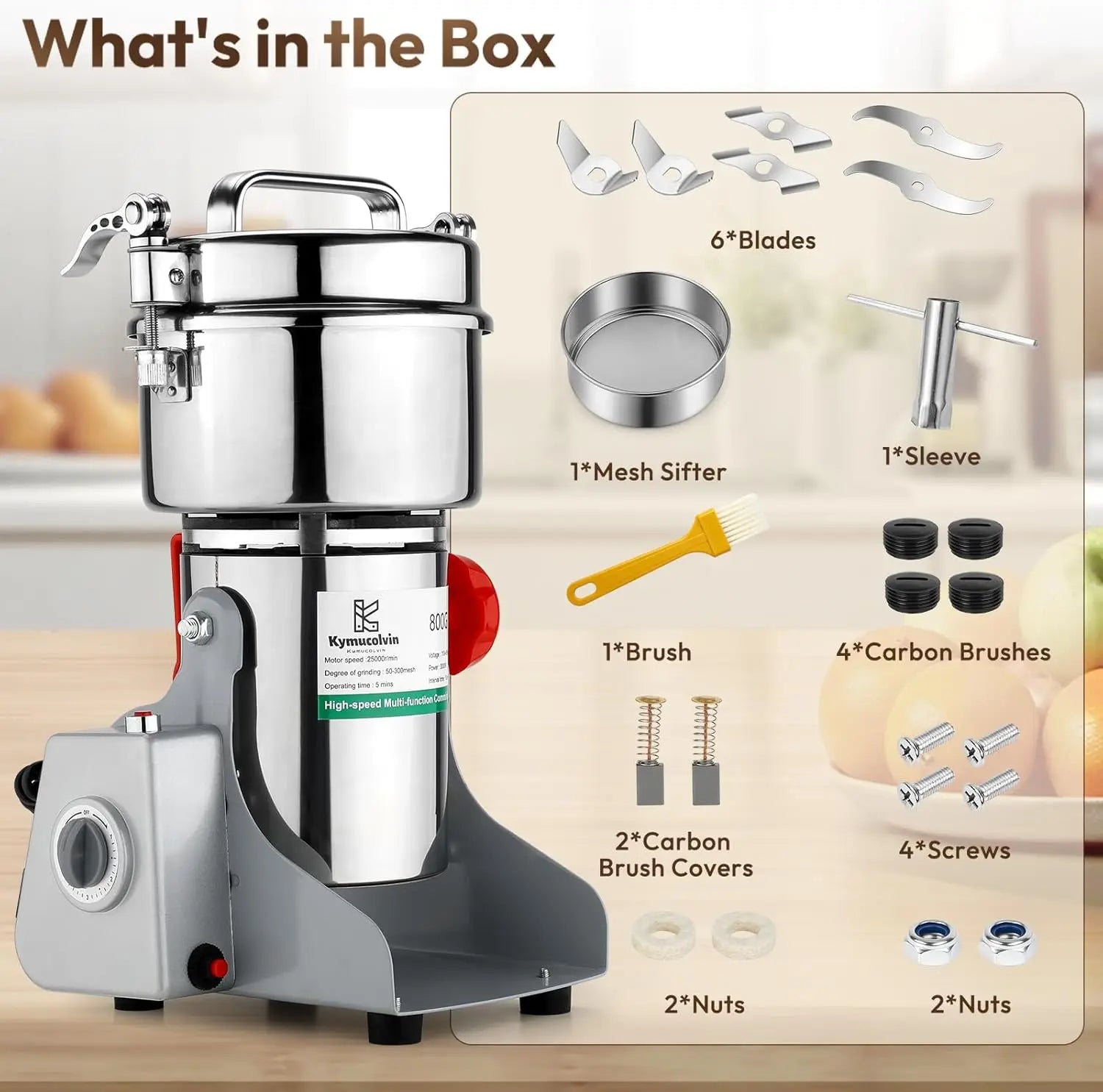 Electric Grain Mill Grinder - 800g, 110V, 3000W for Kitchen, Household, Commercial Use to Crush Grains, Spices, Herbs