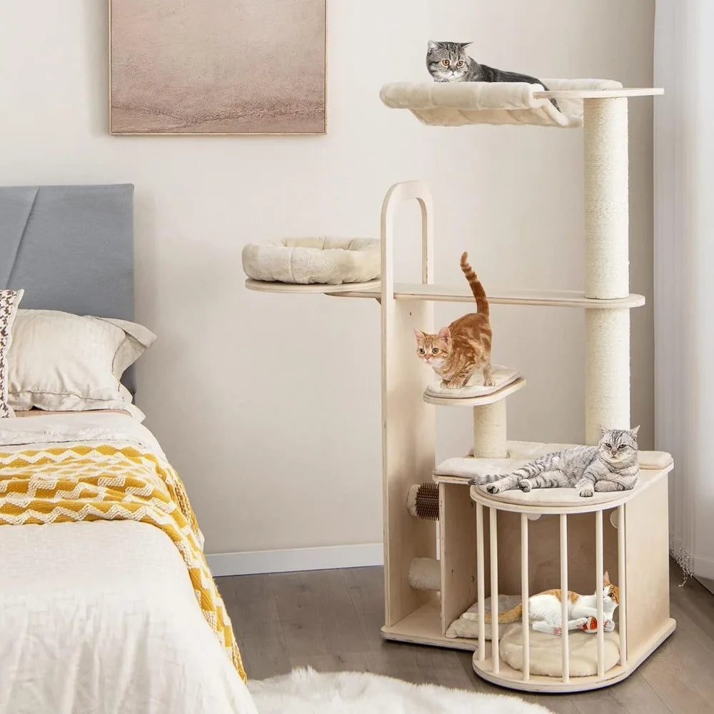 Wood Cat Tree for Indoor Cats, 55 Inch Multi-Level Cat Tower Activity Center with Hammock, Cat Condo, Sisal Scratching Posts