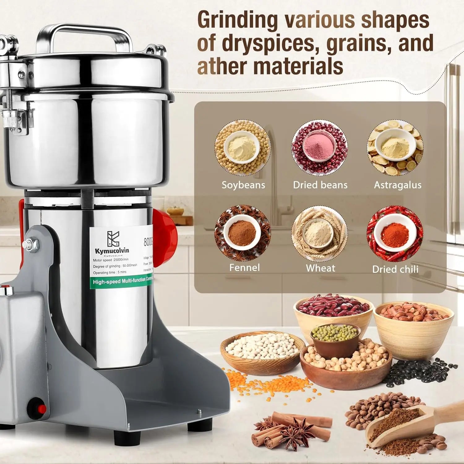 Electric Grain Mill Grinder - 800g, 110V, 3000W for Kitchen, Household, Commercial Use to Crush Grains, Spices, Herbs
