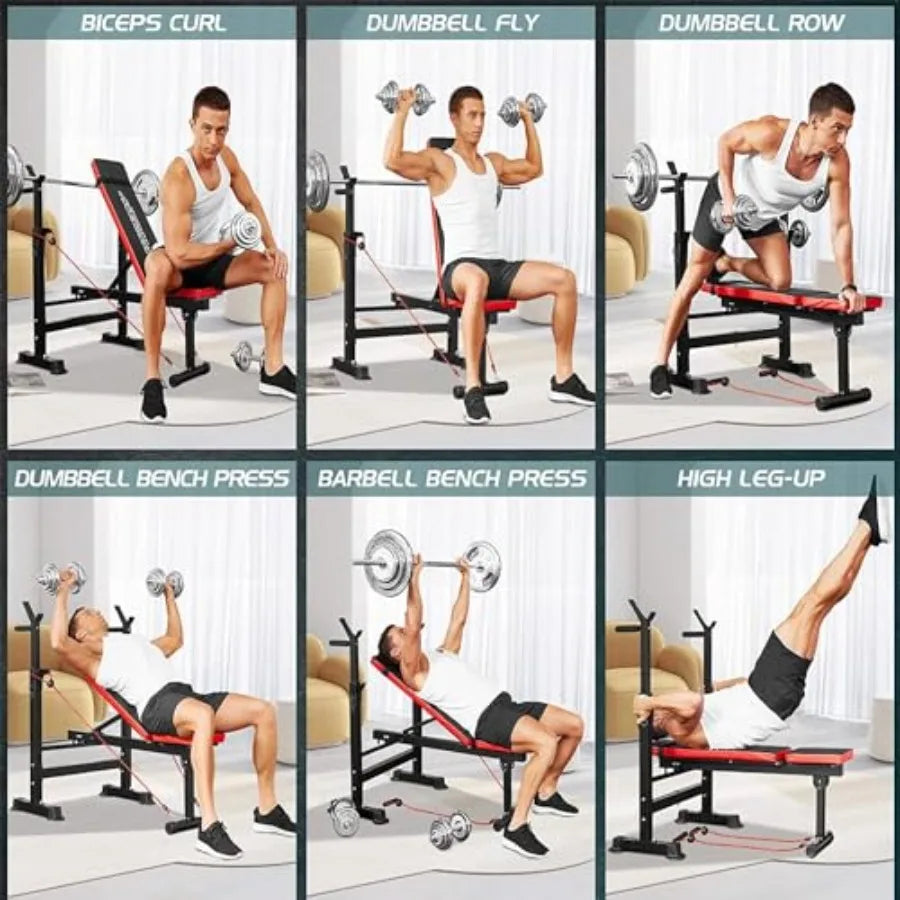 660lbs 6 in 1 Weight Bench Set with Squat Rack Workout Bench with Leg Extension Preacher Curl Rack Multi-Function Bench Press S