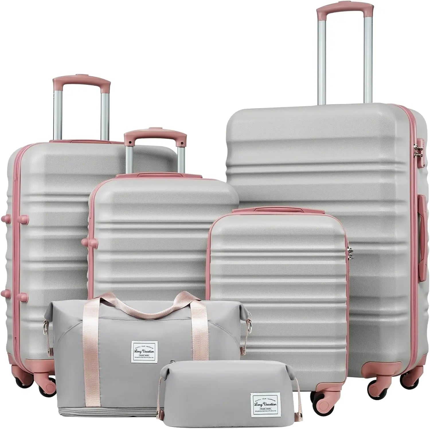 LONG VACATION 6 Piece Luggage Set Carry on Suitcase with ABS+PC hardshell, Spinner Wheels & YKK Zipper TSA Lock (BEIGE-BROWN