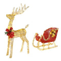 Golden Elk Deer Sled Christmas Decoration - Iron Frame Cotton Thread Yard Ornament with Green Onion Powder Accents (74x20x120cm,