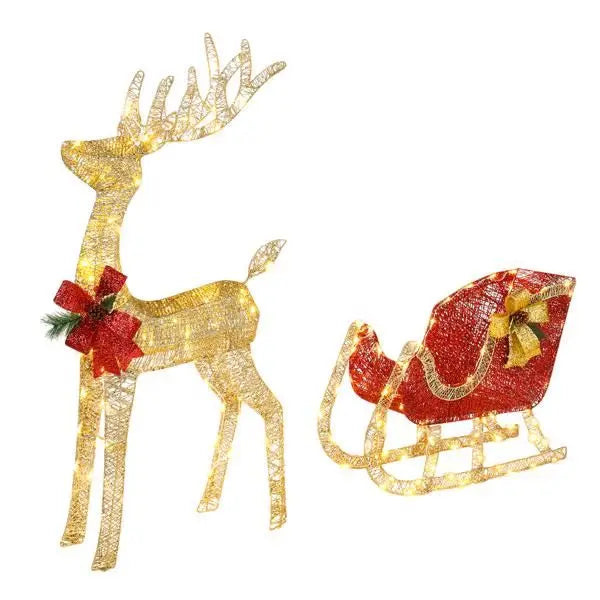 Golden Elk Deer Sled Christmas Decoration - Iron Frame Cotton Thread Yard Ornament with Green Onion Powder Accents (74x20x120cm,