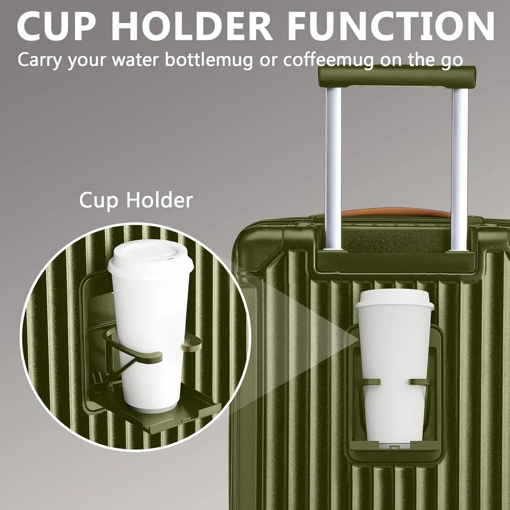 20in Expandable Carry-On Luggage with USB Port & Cup Holder, Anti-Slip Wheels, 3-Piece Set in Dark Green for Men and Women