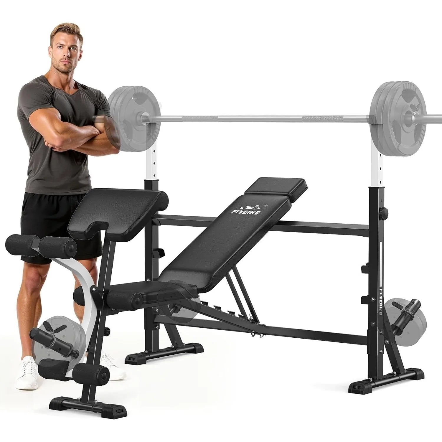 FLYBIRD Adjustable Weight Bench, with Bench Press Rack, Leg Extension and Leg curl, for Home Gym Workout，47IN-Width