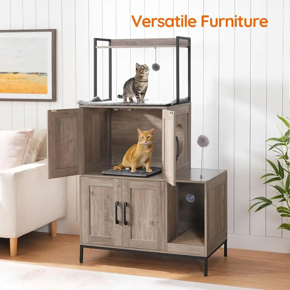 Cat Litter Box Enclosure urniture, 2 in 1 Hidden Litter Box urniture with Shel, Double Litter Box Cabinet with 2 Dangling Plush