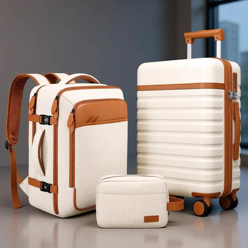 3-Piece Luggage Set: 20 Spinner Carry-On with TSA Lock, Durable Hardshell Suitcase & Travel Backpack (Beige)