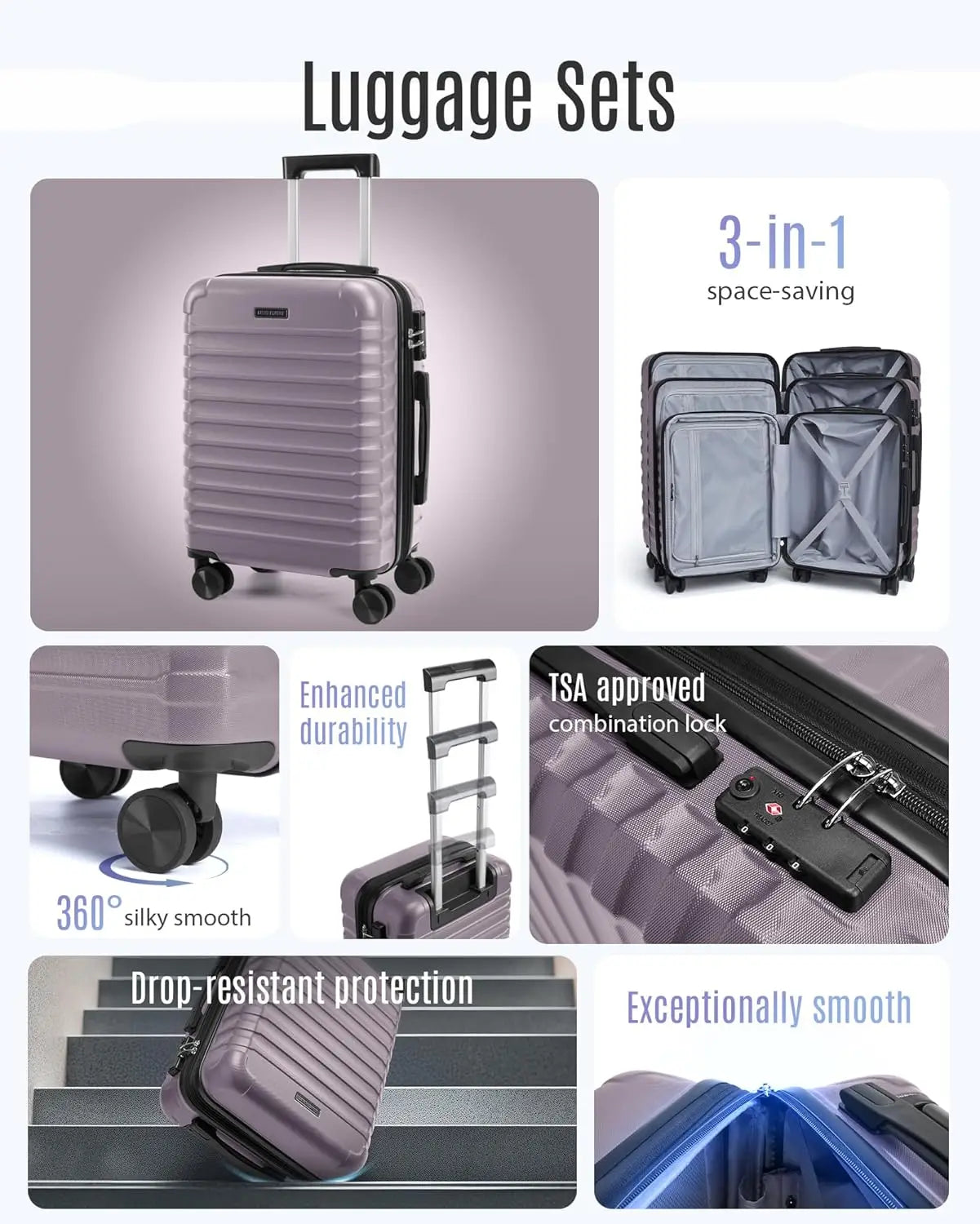 3-Piece Hard Shell Luggage Set with Spinner Wheels & TSA Lock, Lightweight Durable Suitcases 20/24/28 Inch in Rose Purple
