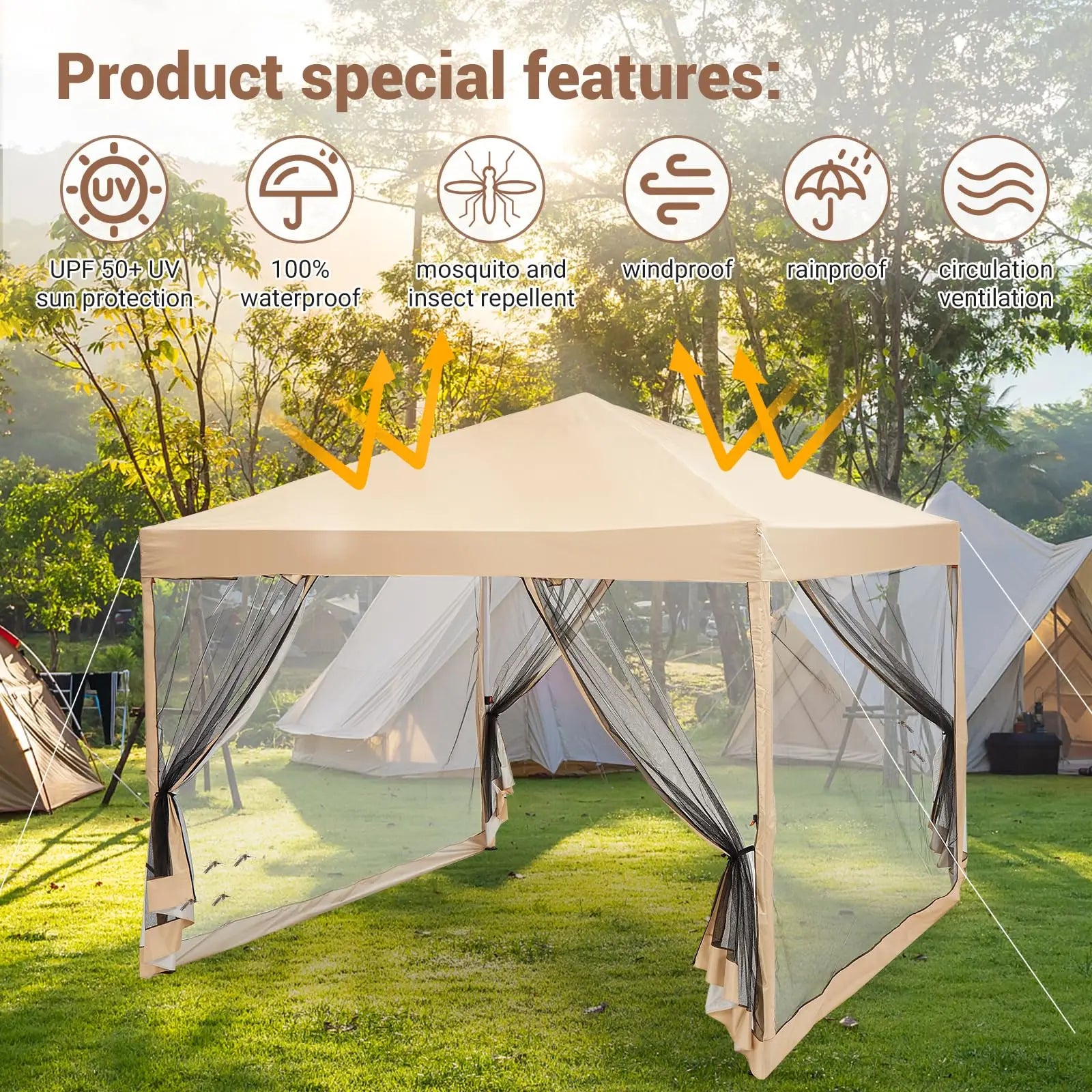 10x10ft Pop Up Canopy With Mesh Sidewall, Foldable Waterproof Gazebo Tent For Camping Patio Outdoor Parties